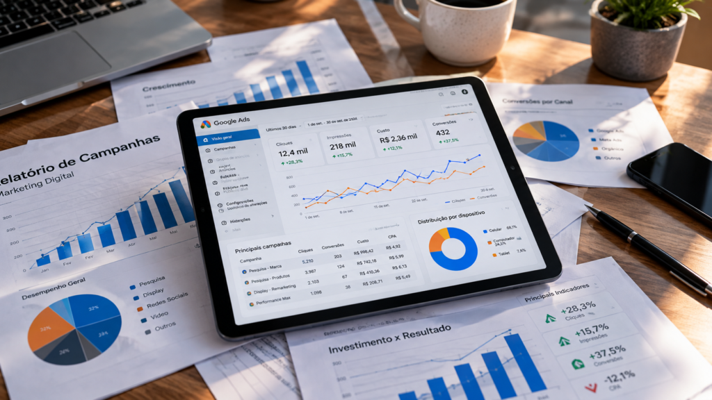 Tablet com gráficos de desempenho de campanhas de marketing digital sobre relatórios impressos