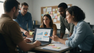 Benefícios do Marketing Digital Equipe analisando dashboards de métricas de campanhas em monitores
