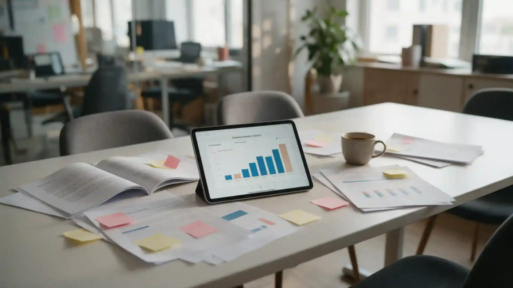 Benefícios do Marketing Digital Notebook com gráfico de barras de resultados de marketing e mão anotando dados