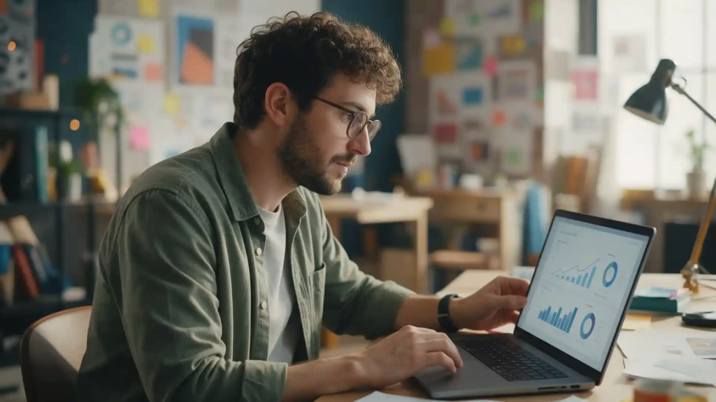 Profissional analisando painel de dados e gráficos de marketing digital em tela virtual